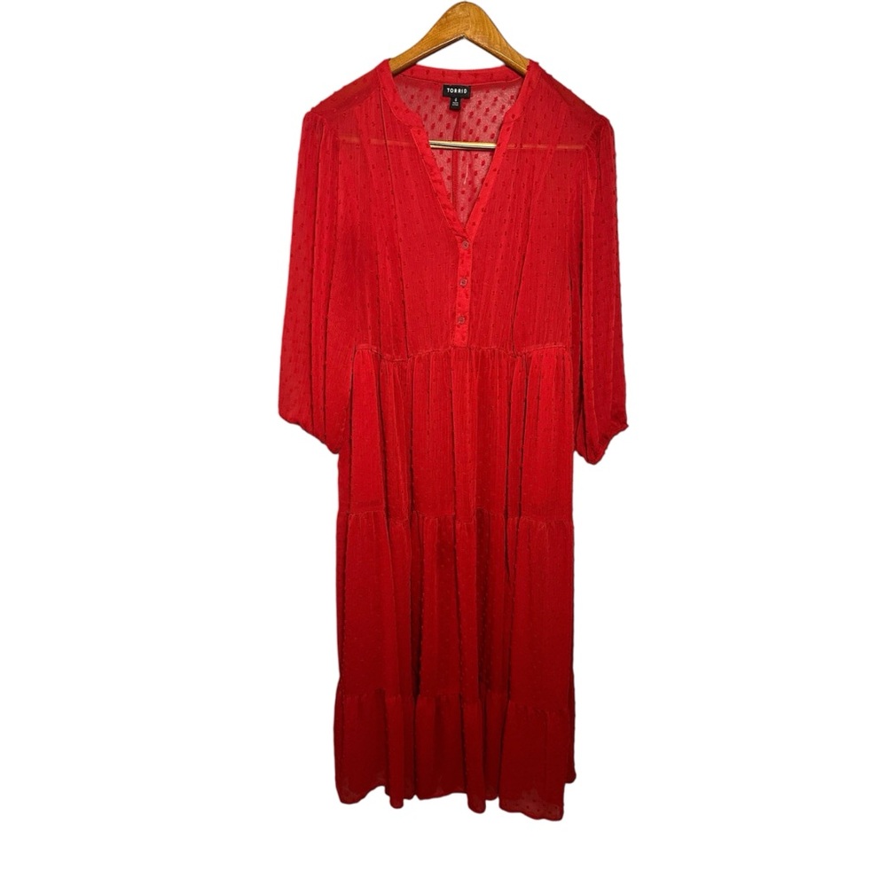 Torrid 0 Elegant Red Midi Dress Clip Dot Long Sleeve L